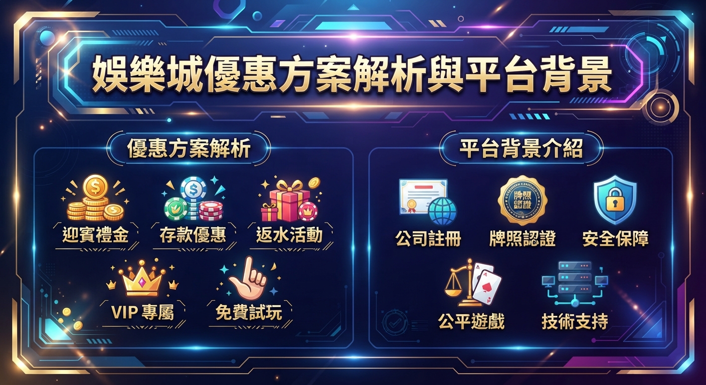 這張圖片採用科技感十足的介面設計，上方醒目地顯示著「娛樂城優惠方案解析與平台背景」的主標題。 畫面透過精緻的圖標與區塊劃分，完美呼應了優惠方案與平台背景的雙重主題。