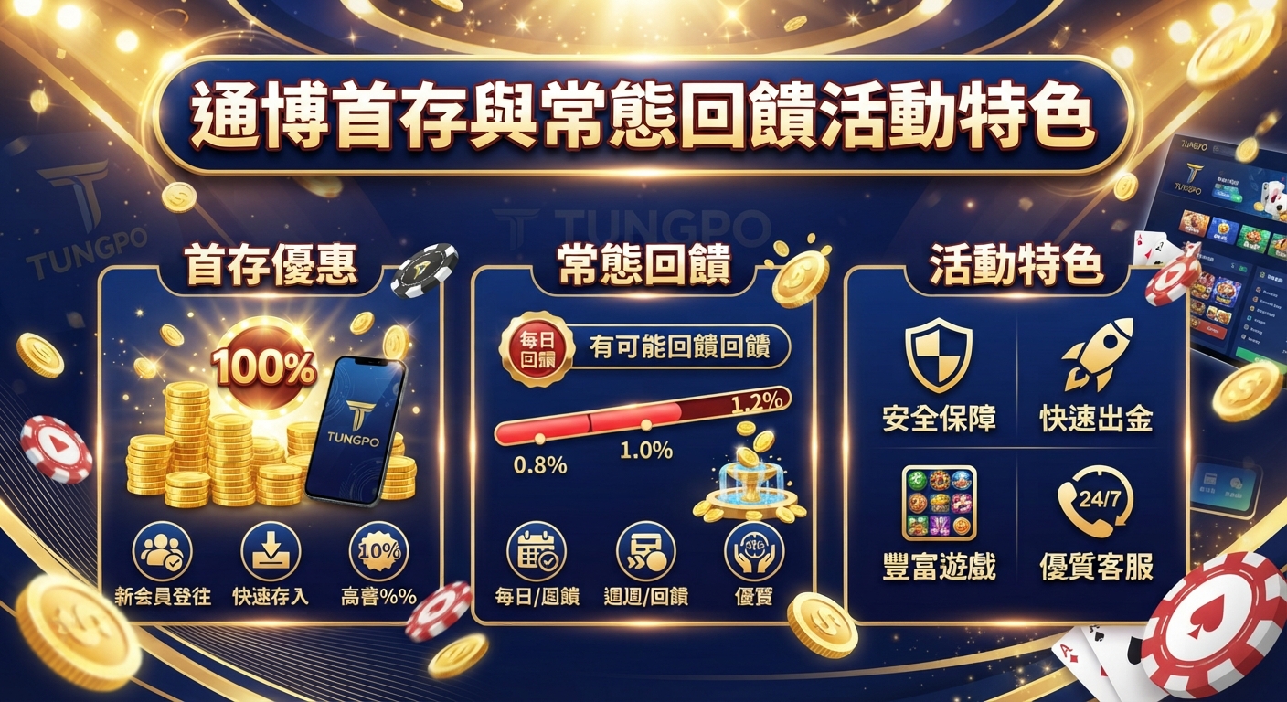 圖片展示了通博首存與常態回饋活動的特色，設計精美且充滿奢華的金色與藍色調。 畫面中央突顯出活動標題，並搭配籌碼、金幣與應用程式圖示，突顯優惠的豐富性。