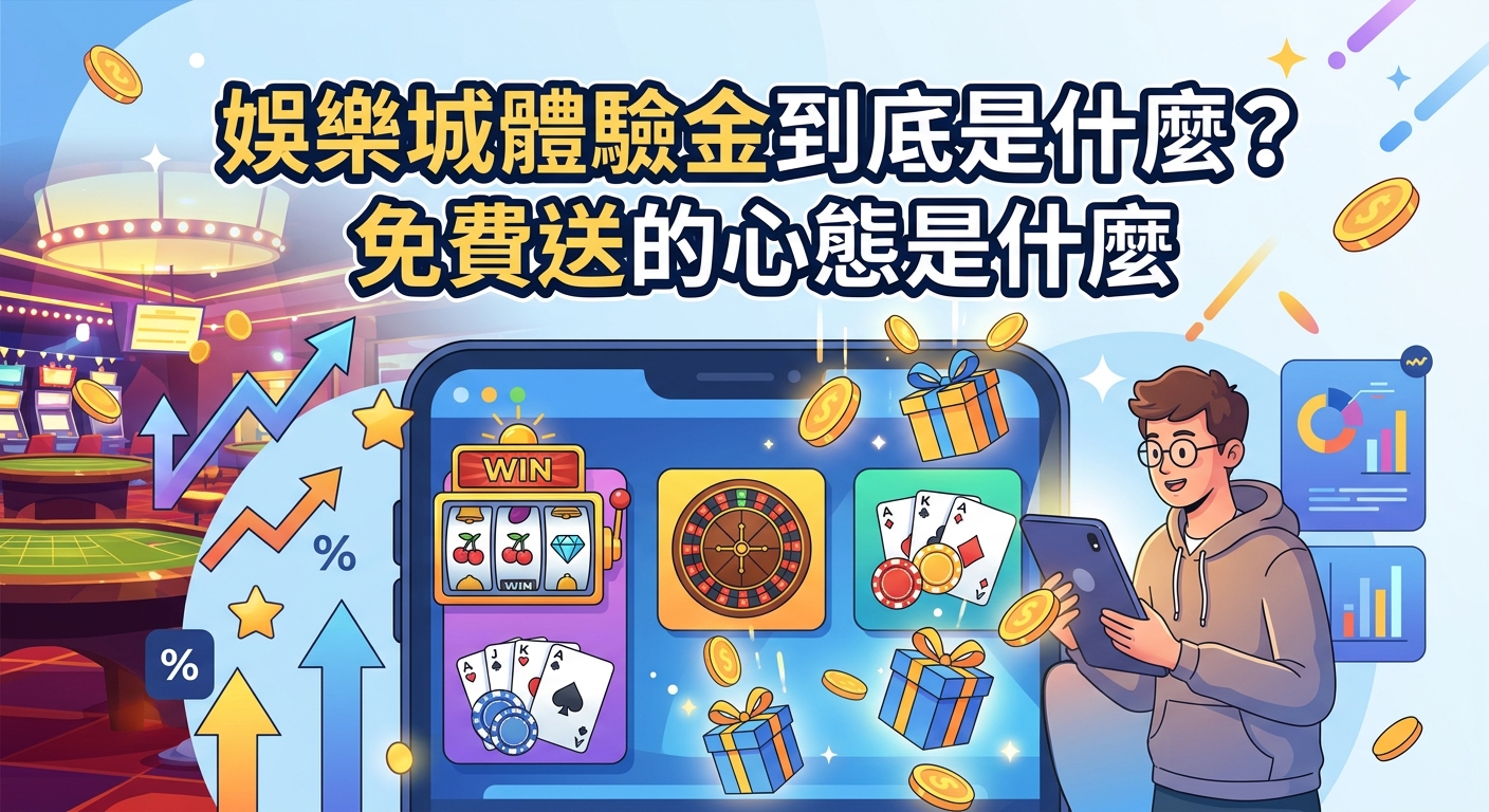 這張圖片以亮麗的插畫風格展示了線上娛樂城體驗金的概念，畫面中央有一隻手持智慧型手機並顯示著賭場遊戲介面與金幣禮盒。 上方醒目地印著繁體中文標題「娛樂城體驗金到底是什麼？免費送的心態是什麼」，背景結合了娛樂城籌碼、數據圖表與向上箭頭，營造出分析與吸引人的視覺效果。