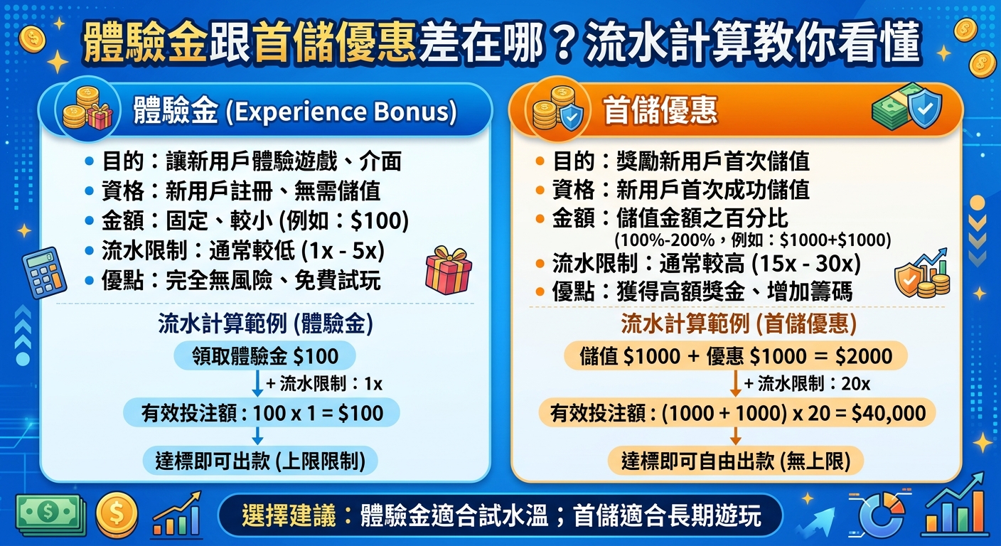 這張圖以清晰的左右對比設計，搭配流暢的流程圖與圖示，詳細解析了「體驗金」與「首儲優惠」在領取門檻及優缺點上的主要差異。 下方的流水計算範例則以簡明直觀的方式，一步步教導玩家如何計算有效投注額，讓人一眼就能輕鬆掌握優惠要點。