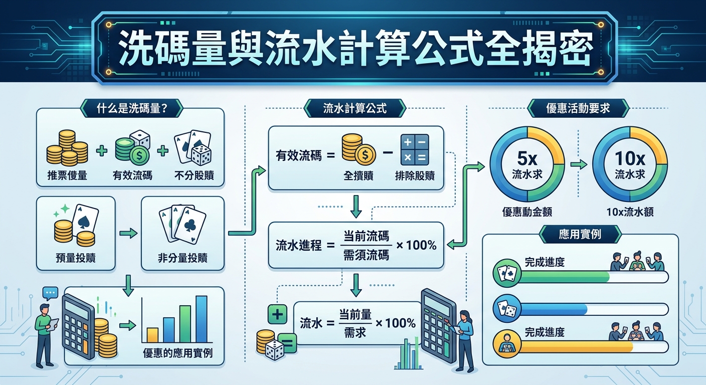 這張圖片採用現代科技風格的圖表設計,詳細介紹了洗碼量與流水計算公式的相關概念。 畫面中結合了計算機、籌碼、撲克牌與數據圖表等元素,以直觀的視覺流程圖呈現複雜的計算邏輯。