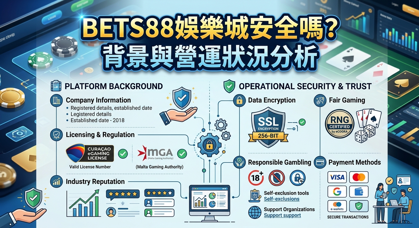 這張圖片呈現了一個以「BETS88娛樂城安全嗎?背景與營運狀況分析」為題的數位分析圖表,整體背景結合了線上賭場與科技風元素。 內容透過流程圖與圖示,從平台背景、牌照監管、資料加密到支付安全等多個維度,詳細解析其營運狀況與安全性。