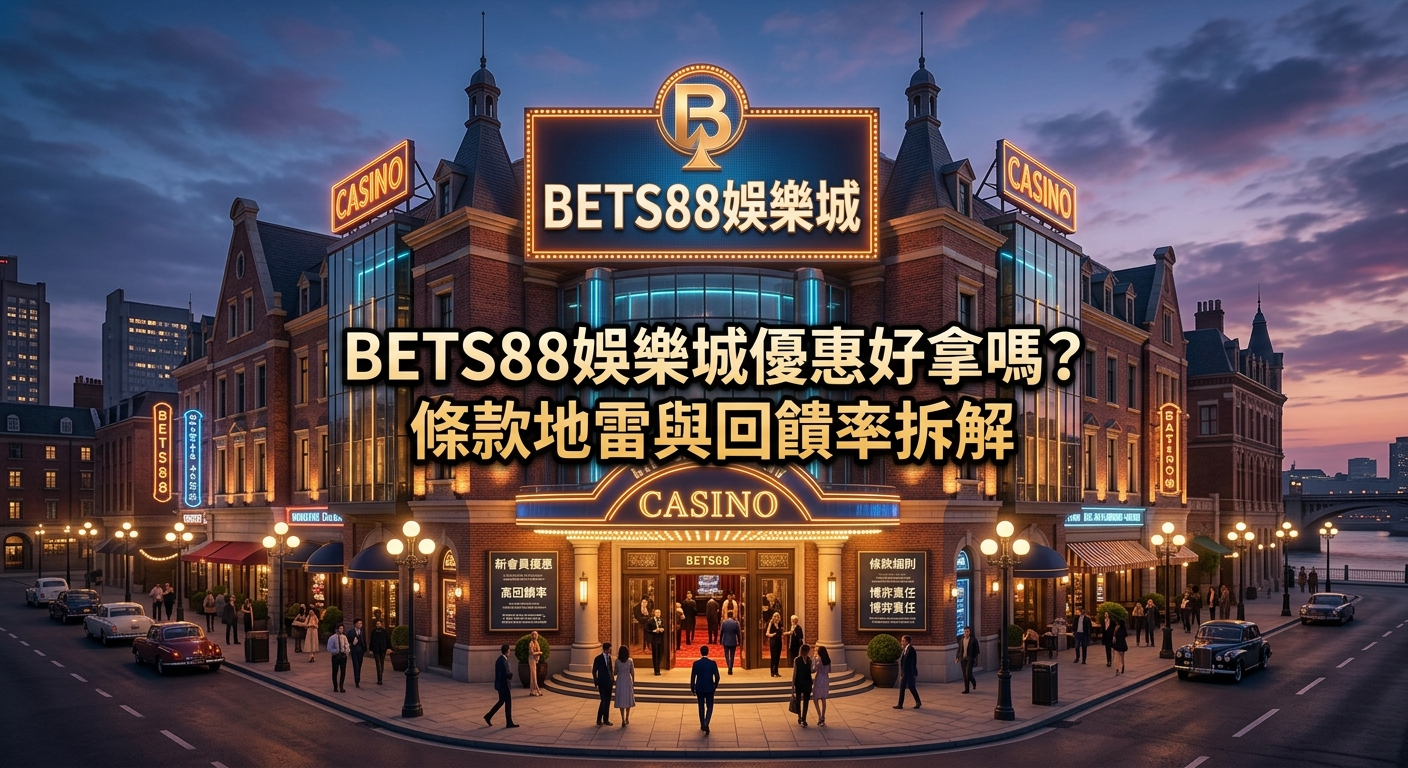 這是一張以線上娛樂城為主題的精美宣傳圖片,建築物正面醒目地標示著「BETS88娛樂城優惠好拿嗎?條款地雷與回饋率拆解」的文字標題。 畫面呈現出氣派的歐式賭場外觀,燈光璀璨且街道上人潮熙攘,營造出濃厚的博彩與休閒氛圍。