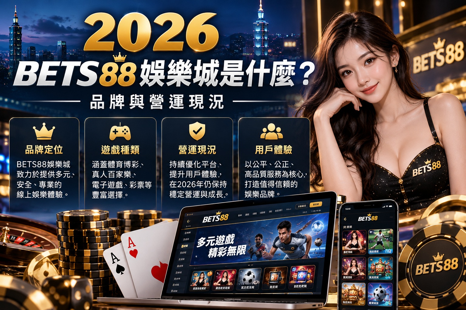 圖片以黑金奢華風格呈現2026 BETS88娛樂城的品牌形象,結合真人娛樂、電子遊戲與線上博弈元素,展現多元娛樂平台特色。 透過品牌定位、遊戲種類、營運現況及用戶體驗四大面向,帶領讀者深入了解BETS88娛樂城的服務內容與品牌發展。