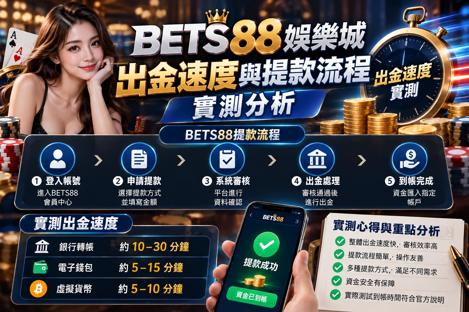 圖片呈現 BETS88 娛樂城出金速度與提款流程分析,透過五大提款步驟,清楚說明從帳號登入、申請提款到資金入帳的操作方式。 搭配銀行轉帳、電子錢包及虛擬貨幣的示意時間比較,幫助玩家了解提款審核流程、到帳效率與資金安全注意事項。